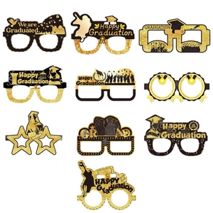 10-piece black and gold glitter graduation party glasses featuring mortarboard and happy grad