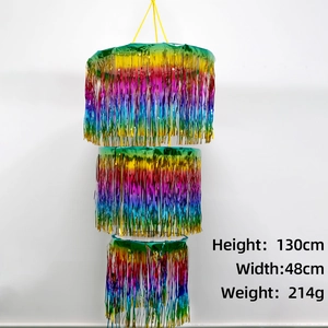 Three-tier rainbow tinsel fringe decoration for ceiling, 130cm height and 48cm width