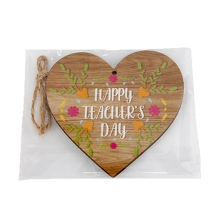 Heart-shaped wooden Teacher's Day hanging sign with floral pattern and rustic twine