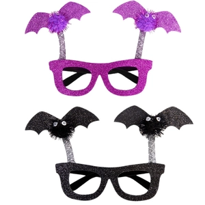 Halloween party glasses set with purple and black glitter frames and bat wing decorations