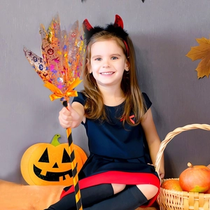Halloween girl witch costume set with red black dress headband and LED pumpkin broom