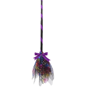 Halloween LED witch broom with purple ribbon, colorful mesh and spider web pattern