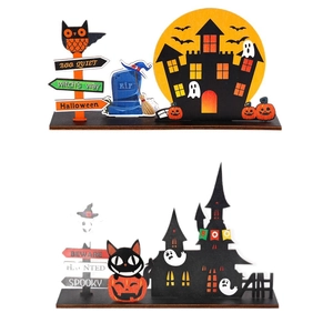 Halloween wooden tabletop decorations featuring spooky pumpkins, ghosts, and haunted castles