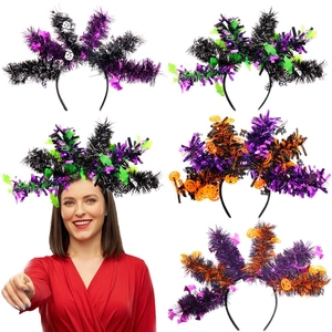 Halloween party headbands set with tinsel design, skulls, and pumpkins in 4 styles