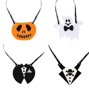 Set of four adjustable Halloween pet bowties with pumpkin, ghost and skull designs