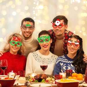 Detail showing five festive Christmas and 2025 New Year party eyewear frames with glitter