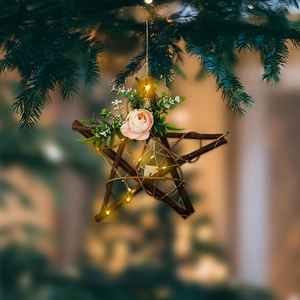 Pastoral wooden star Christmas tree hanging ornament with pink roses and LED lights