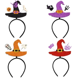 Set of 4 Halloween witch hat headbands with pumpkin, bat, and skull glitter decorations
