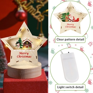 Star-shaped wooden Christmas LED light with Santa and Reindeer holiday motifs