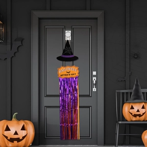 Panneau de porte chapeau de sorcière Halloween avec franges orange et violettes