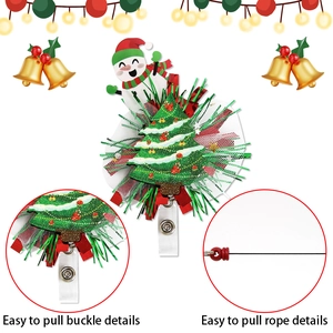 Christmas retractable badge reel with festive snowman and tree designs on white backdrop