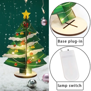 DIY Wooden Christmas Tree tabletop ornament with LED lights and star topper on base