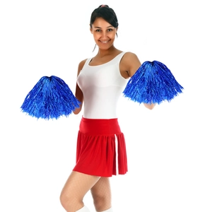 Pair of metallic blue cheerleader pom poms with handle for sports performance events