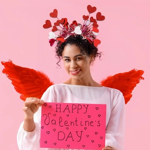 Serre-tête cœurs pailletés rouges et ailes en plumes pour fête de la Saint-Valentin