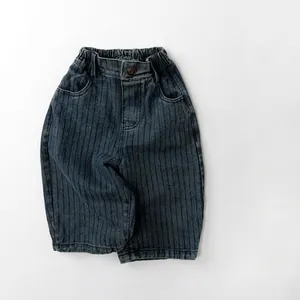 Pantalon en Denim Rayé pour Enfants Jean Décontracté Ample à Coupe Droite Avec Taille Élastique Pantalon en Coton Délavé