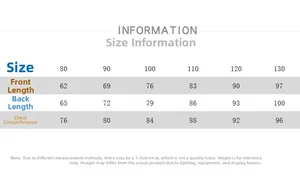 Detailed size chart for kids' overalls showing length and chest measurements for sizes 80-130