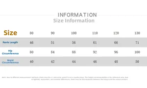 Detailed size chart for kids wide leg trousers covering lengths from 46cm to 71cm