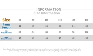 Size chart for children's striped loose pants showing waist and hip measurements in cm