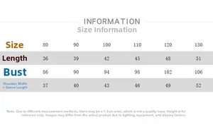 Detailed size chart for kids spring jacket including length and chest measurements