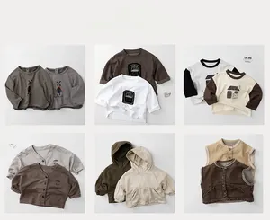 Detailed grid of children's spring casual outfits in earthy tones and cotton fabrics