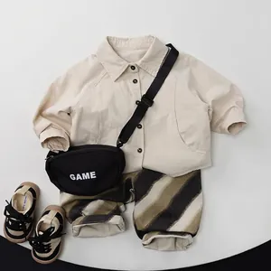Kids casual stripe pants with off-white long sleeve shirt and crossbody bag set