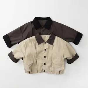 Kids Cotton Spring Jacket Korean Style Contrast Collar Patchwork Coat Retro Casual Button Down Outerwear For Boys Girls