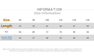 Detailed size chart for children's striped cotton long-sleeve T-shirt from size 80 to 130
