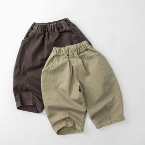 Pantalon décontracté en coton pour enfants, coupe ample, coloris café et kaki plat