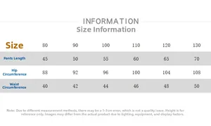 Tableau des tailles pour pantalons enfants décontractés avec mesures de taille 80 à 130