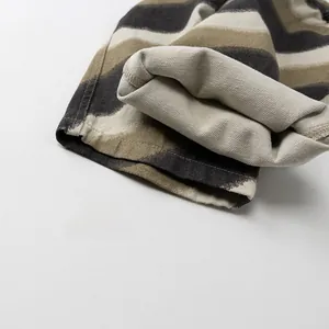 Close-up of thick striped knit fabric texture in olive green, beige, and dark grey tones