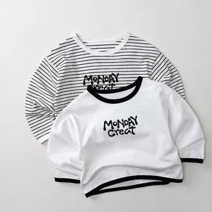 Kids Cotton Striped Long Sleeve T-Shirt Japanese Style Round Neck Letter Printed Top For Boys Girls Casual Autumn Clothing