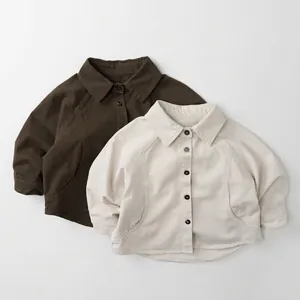 Kids Cotton Long Sleeve Shirt Solid Color Korean Style Unisex Lapel Collar Top For Boys Girls Toddler Spring Autumn Clothing