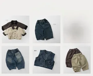 Close-up collage of Korean style cotton shirts, denim vests and casual trousers for kids