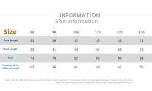 Detailed size chart for kids plaid denim shirt showing measurements from size 80 to 130
