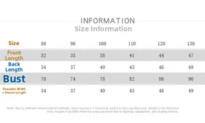 Size chart for children striped long sleeve shirts with detailed measurement parameters