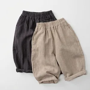 Pantalon Unisexe pour Enfants en Mélange de Ramie à Rayures Verticales Décontracté Taille Élastique Pantalon Ample pour Garçons Filles Mode Coréenne