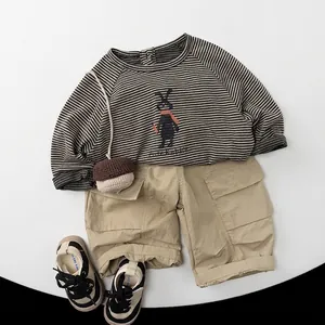 Kids striped long sleeve t-shirt with rabbit print and khaki cargo shorts outfit set