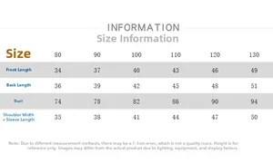 Detailed size chart for children's long-sleeve shirts showing measurements 80-130