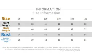 Size guide table for kids' cotton T-shirt showing detailed length and chest measurements