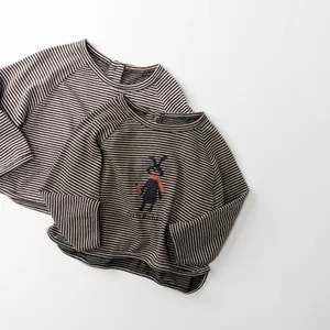 Kids Striped Long Sleeve T-Shirt Cotton Cartoon Rabbit Print Round Neck Casual Top For Boys Girls Toddler Apparel