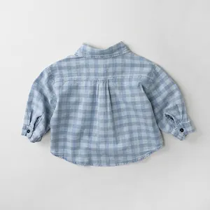 Classic blue and white checkered long sleeve cotton shirt for boys and girls