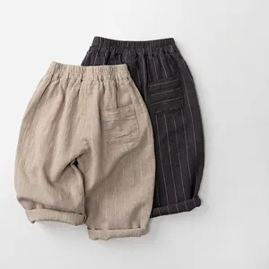 Pantalon enfant en lin et coton à rayures verticales et taille élastique pour garçons et filles