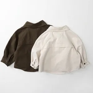 Classic cotton long-sleeved kids shirts in olive and cream colors with lapel collar