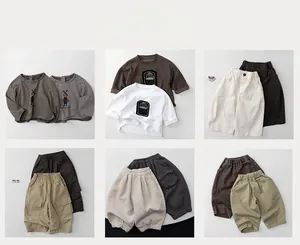 Collage of Korean style kids outfits featuring striped tees and khaki cargo pants