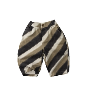 Kids casual striped cotton pants with elastic waist and decorative brown button detail