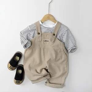 Kids vintage cotton striped long sleeve T-shirt and brown corduroy overalls outfit set