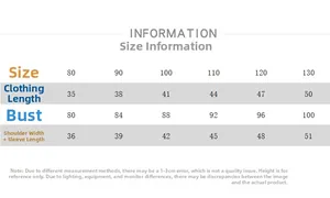 Detailed size chart for children's jacket showing length and bust measurements for sizes 80-130