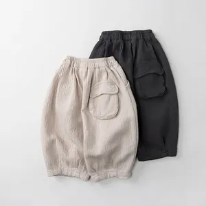 Pantalon large enfant en gaze de coton beige et gris avec taille élastique