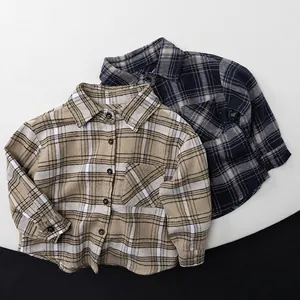 Chemise à Carreaux en Flanelle pour Enfants Manches Longues Coton Brossé Boutonné Revers Hauts Décontractés pour Garçons Filles Enfants