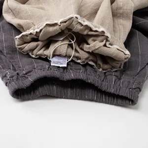 Pantalon enfant en lin et coton à rayures avec taille élastique en kaki et gris